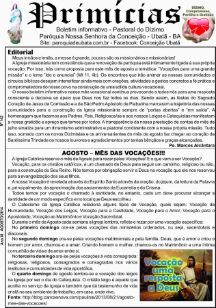 Editorial e Agosto - Mês das Vocações